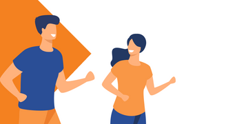 A flat-style digital illustration of a smiling man and woman jogging together. The man is wearing a blue shirt with orange pants, while the woman is dressed in an orange top and blue leggings. An abstract orange geometric shape is in the background.