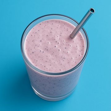 a glass of smoothie with a metal straw