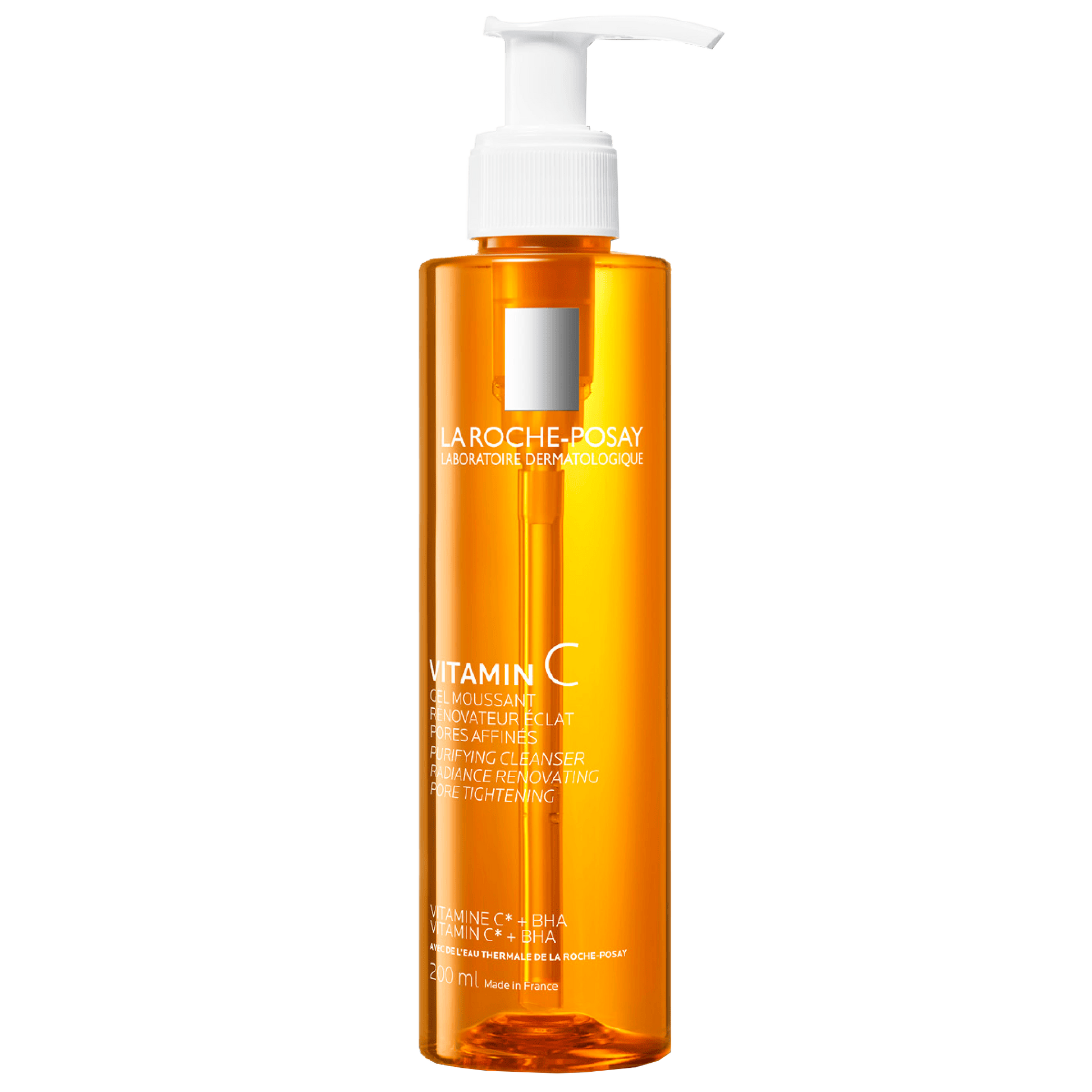Orange bottle with white pump of La Roche-Posay skincare product on a white background