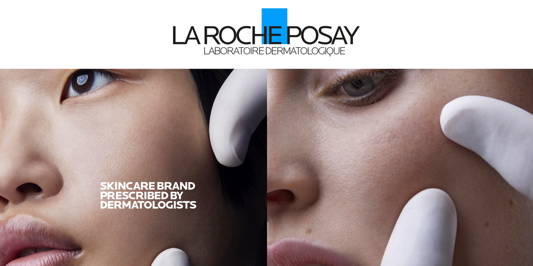 The image is an advertisement for La Roche-Posay, a dermatological skincare brand. It features close-up shots of two faces being gently examined by gloved hands, emphasizing skin texture and health. The tagline reads:
"SKINCARE BRAND PRESCRIBED BY DERMATOLOGISTS"
The La Roche-Posay logo is prominently displayed at the top with a signature blue square, highlighting its clinical and professional skincare identity.