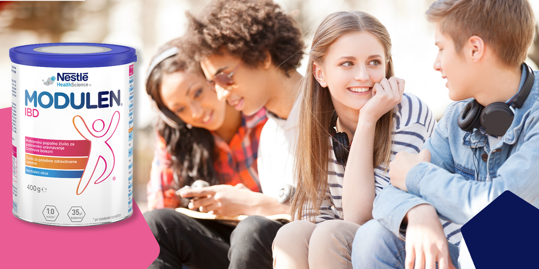 MODULEN IBD protein powder promotional banner and teenagers in background