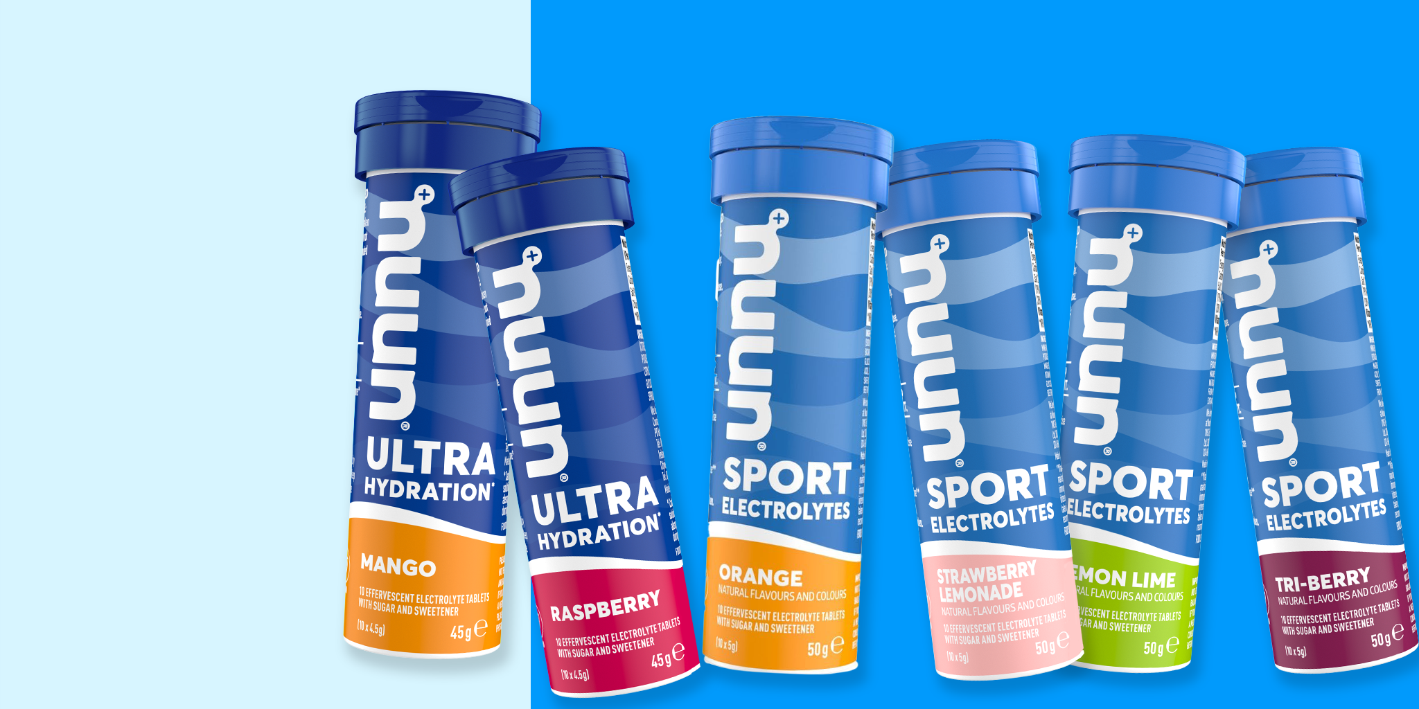 Nuun Ultra Hydration and Sport Electrolytes tubes in various flavours for optimal hydration and performance.