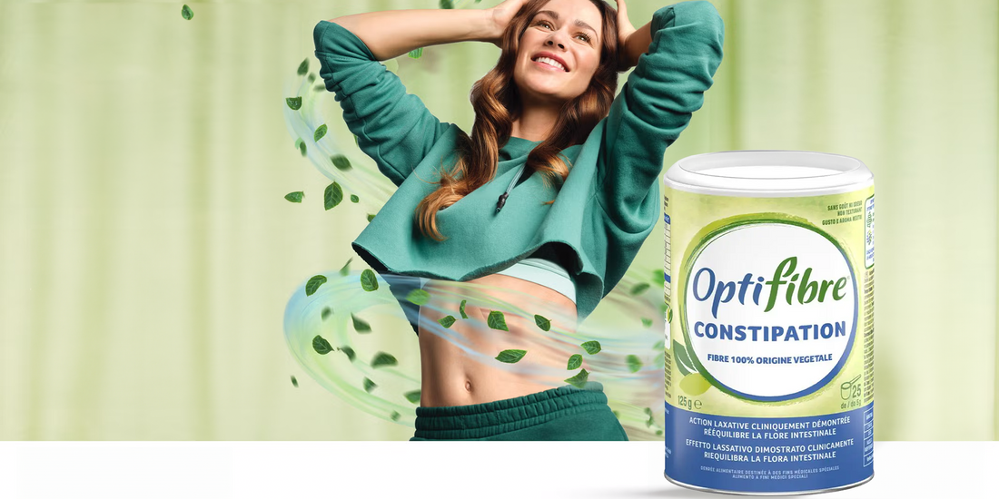 Optifibre constipation promo banner with smiling model