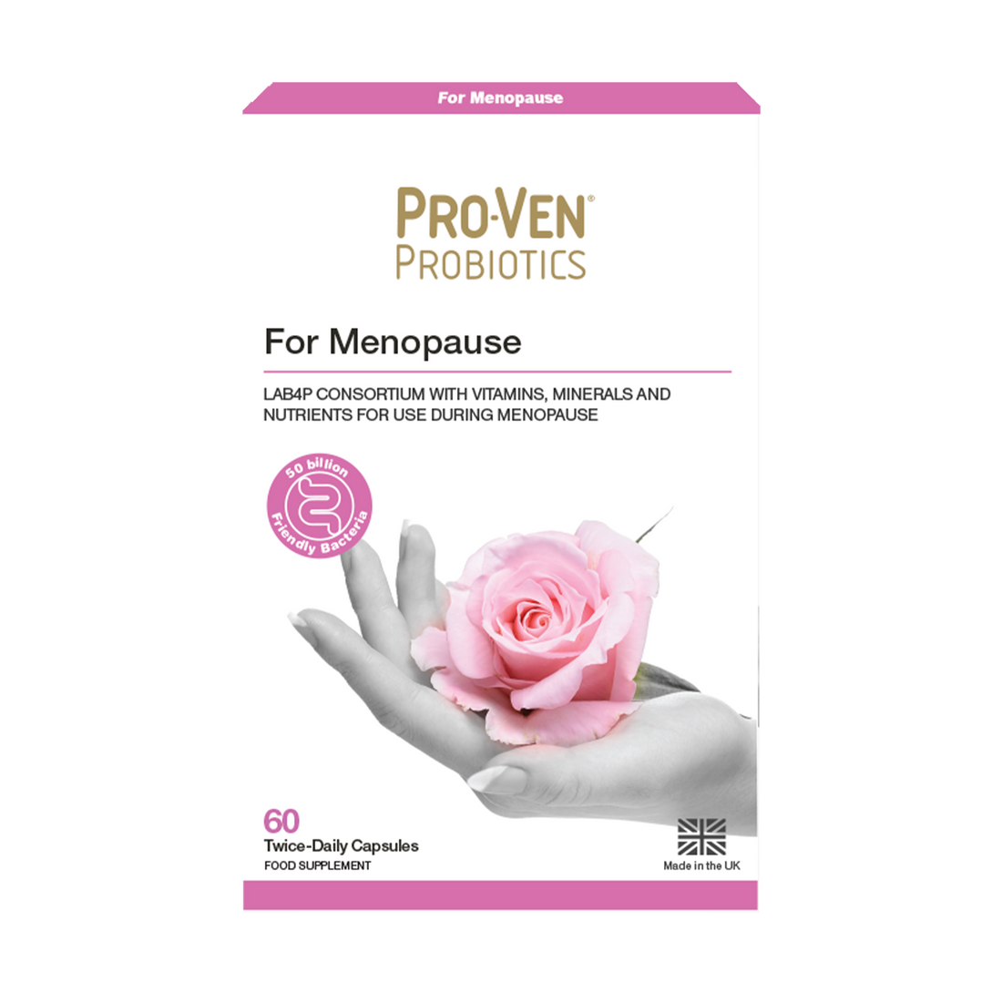 Pro-Ven Probiotics For Menopause Frontal Pack shot, transparent background.