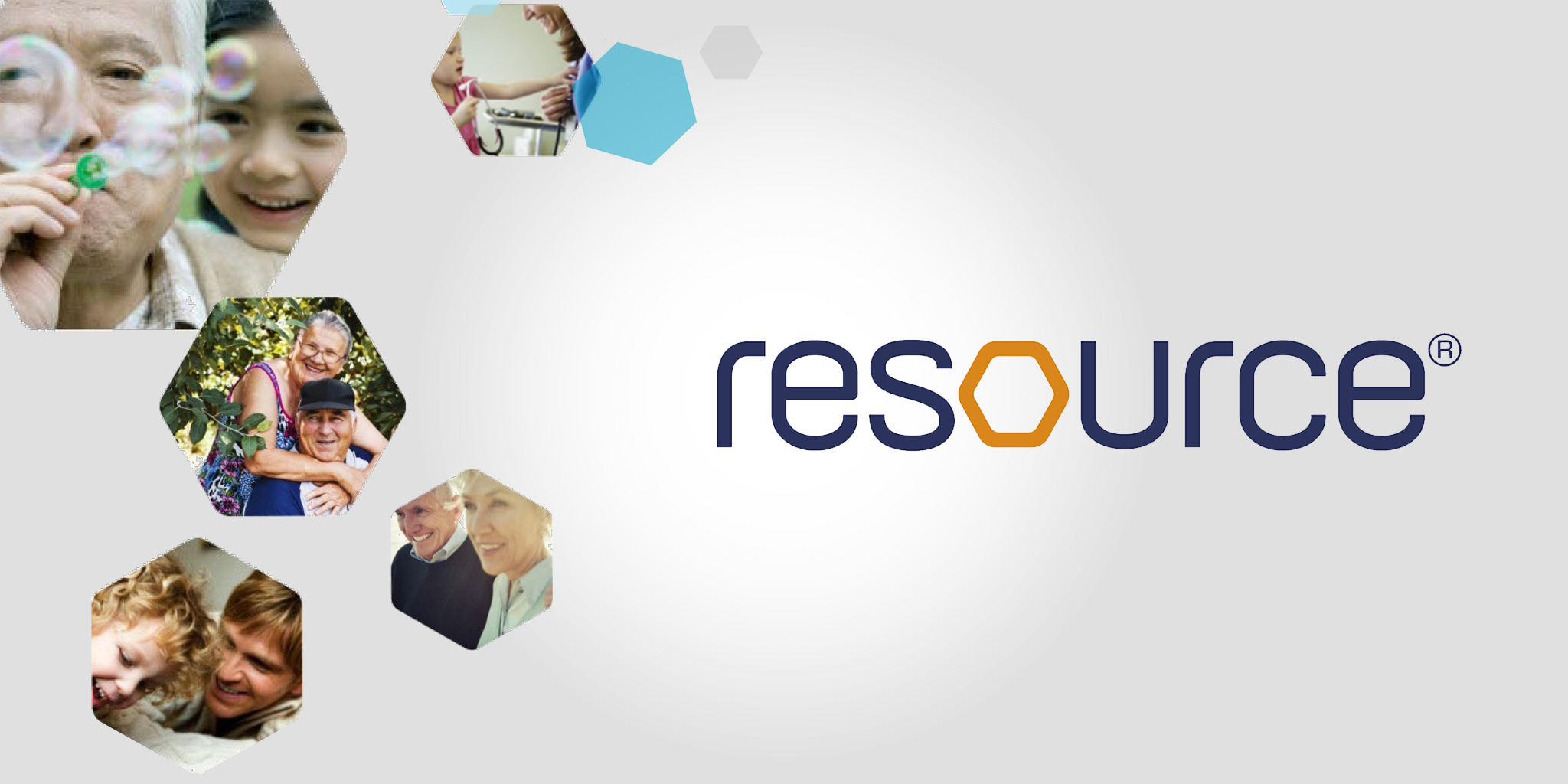 Resource Promo banner with hexagon images containing old and young people