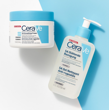 Cerave Smoothing Cream 340g tub  and 236Ml bottle on a white and light blue background