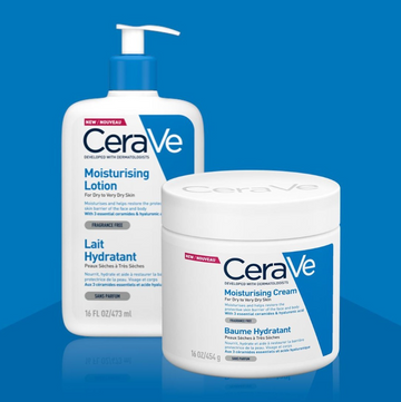 CeraVe Moisturising Lotion Front products shot along side CeraVe Moisturising Cream Tub on a light blue background
