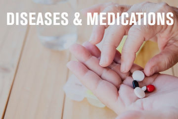 Elderly person holding multiple pills in hand, symbolizing diseases and medication use.