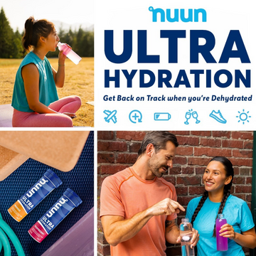 Nuun Ultra Hydration products with people drinking water, tagline 'Get Back on Track when you're Dehydrated'