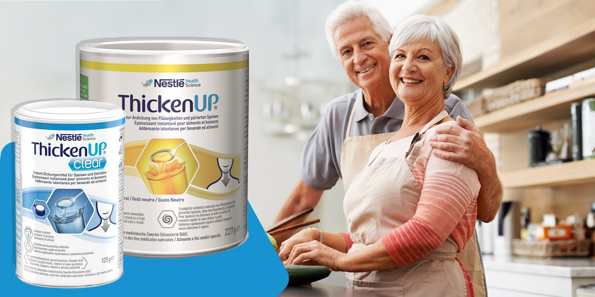 Nestle Health science Thicken UP and Thicken Up Clear with smiling elder couple