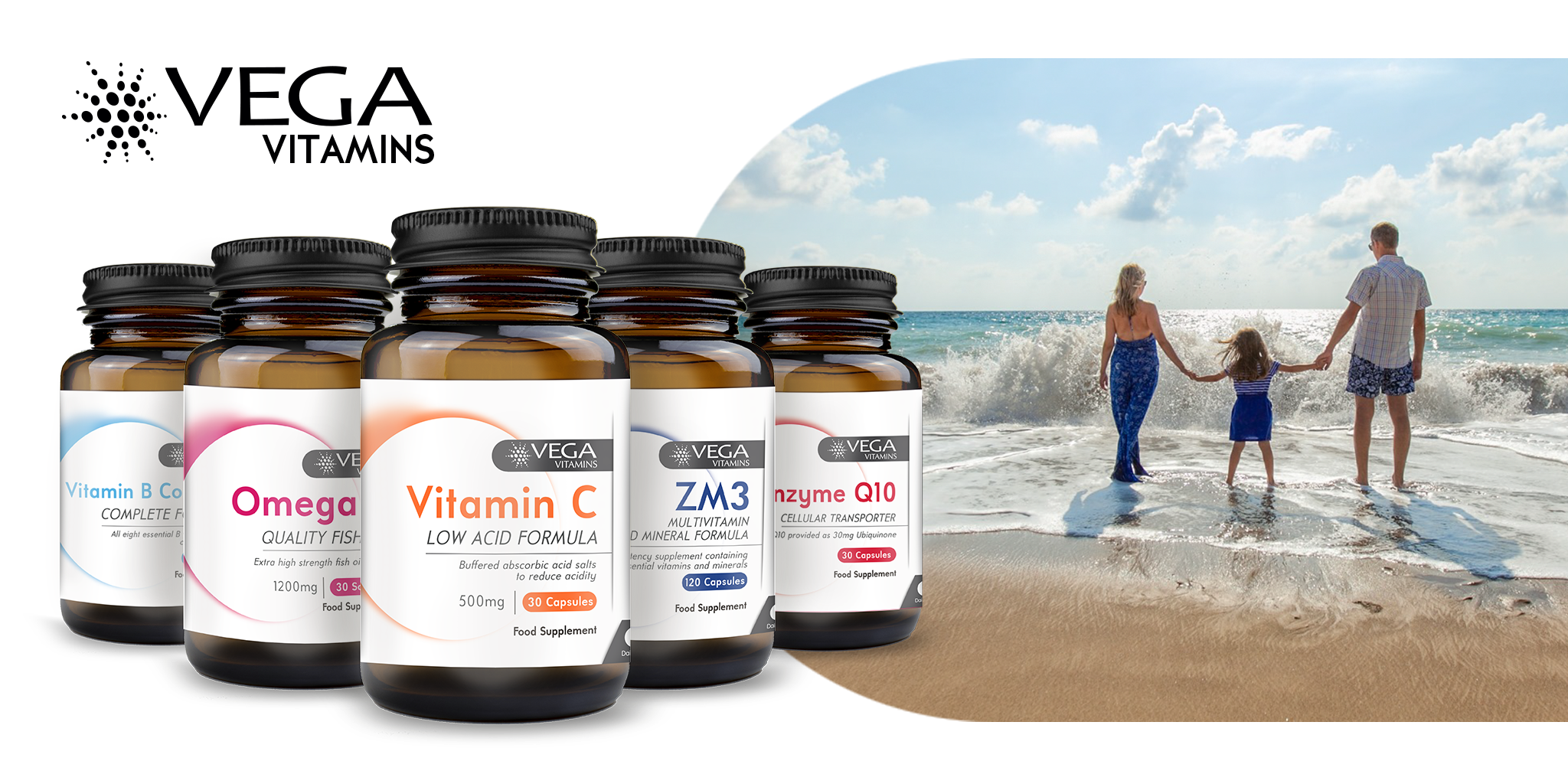 Vega Vitamins containers on white background and image of family on a beach