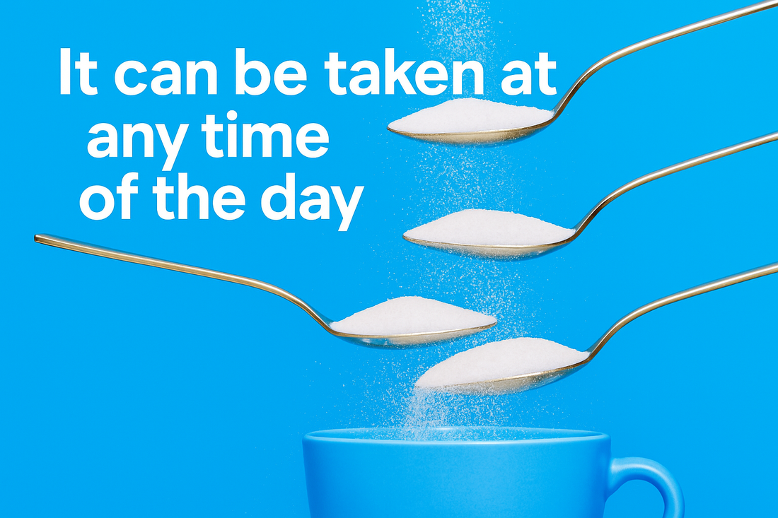 Four spoons pouring Vital Proteins Collagen Peptides into a blue cup with the text 'It can be taken at any time of the day' on a bright blue background.