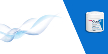 A CeraVe Moisturizing Cream container displayed on a blue and white background with abstract blue wave designs. The packaging highlights hydration and skincare benefits.