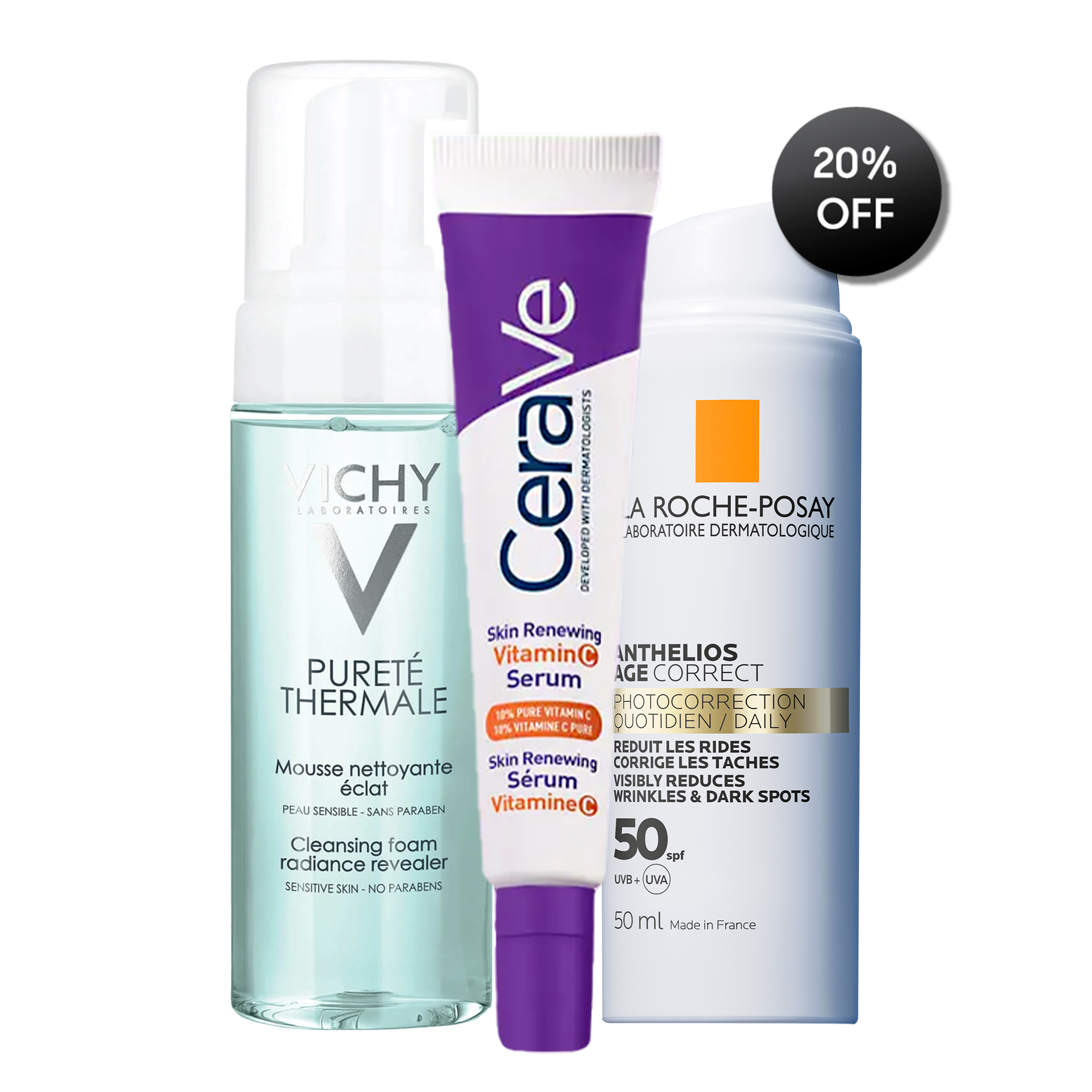 Three skincare products from Vichy, CeraVe, and La Roche-Posay on a white background with a 20% off label.