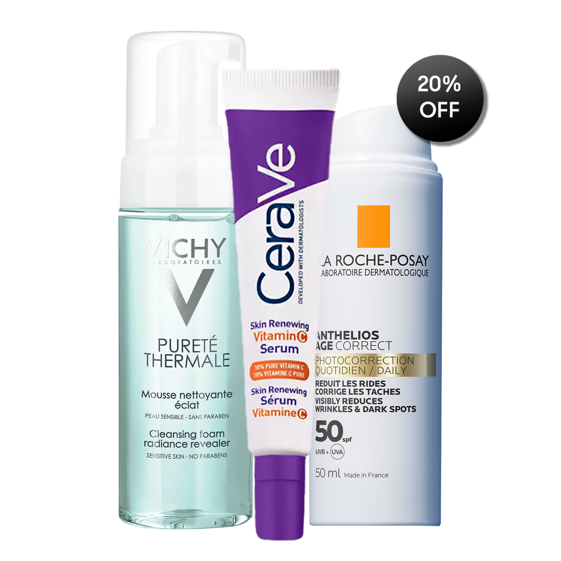 Three skincare products from Vichy, CeraVe, and La Roche-Posay on a white background with a 20% off label.