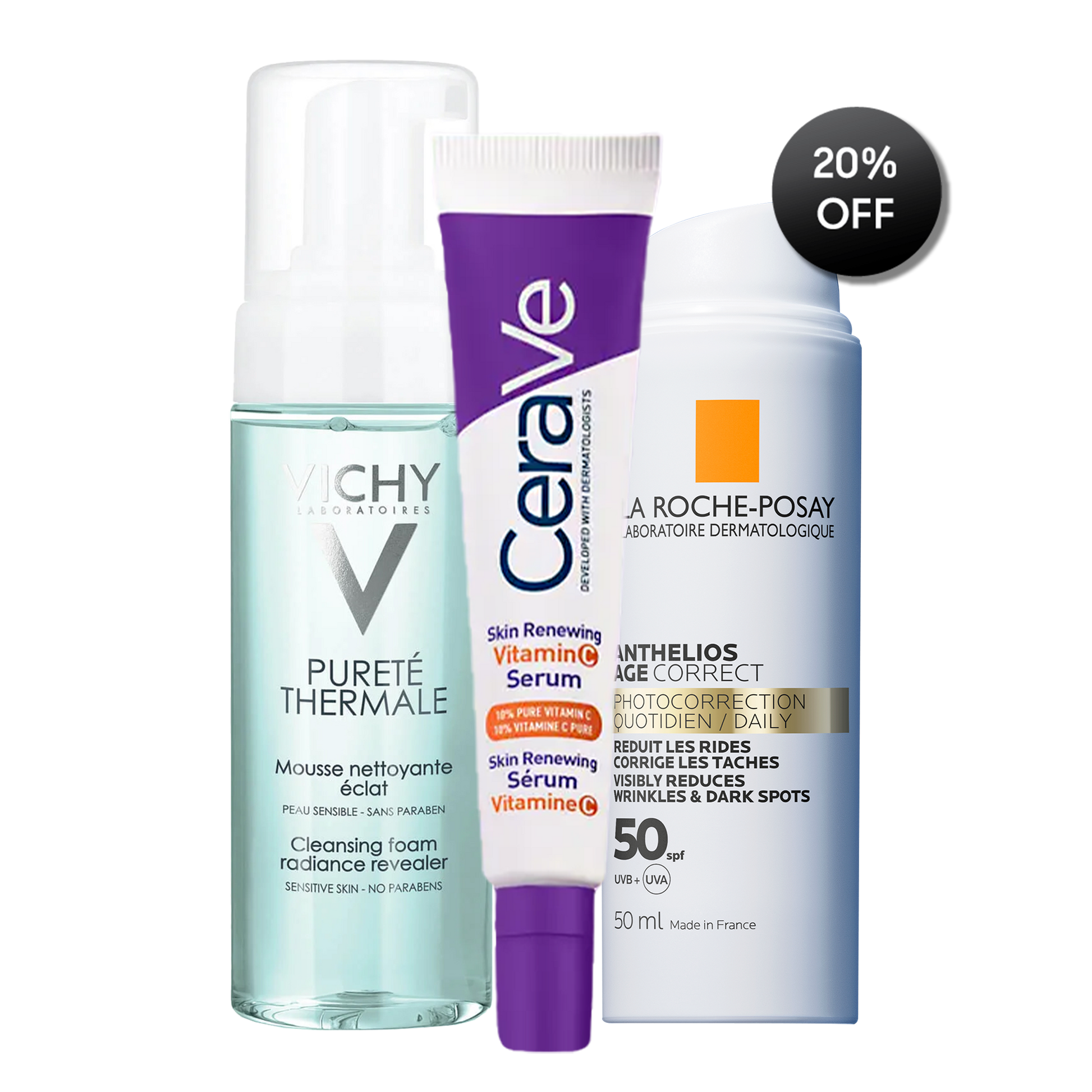 Three skincare products from Vichy, CeraVe, and La Roche-Posay on a white background with a 20% off label.