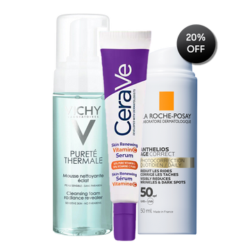 Three skincare products from Vichy, CeraVe, and La Roche-Posay on a white background with a 20% off label.