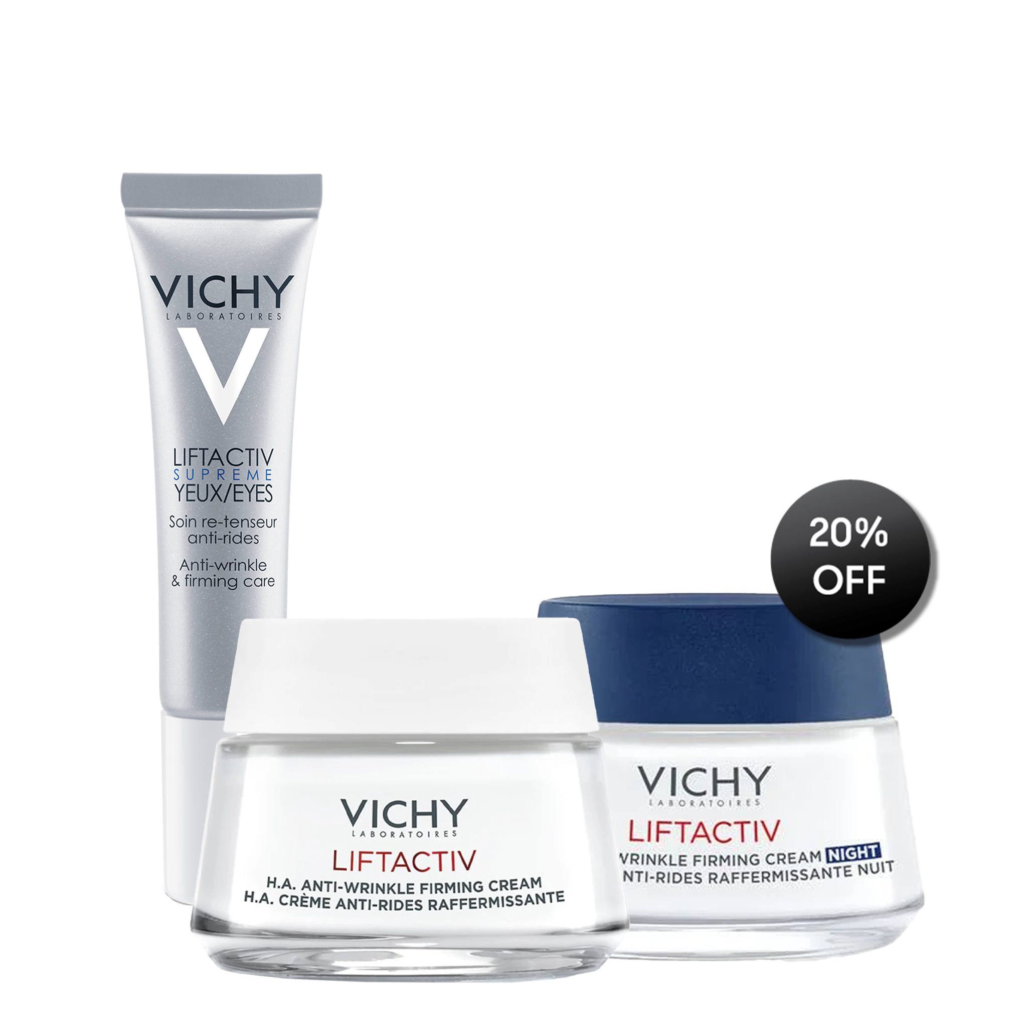 Vichy skincare products including a jar and a tube on a white background with a discount label.