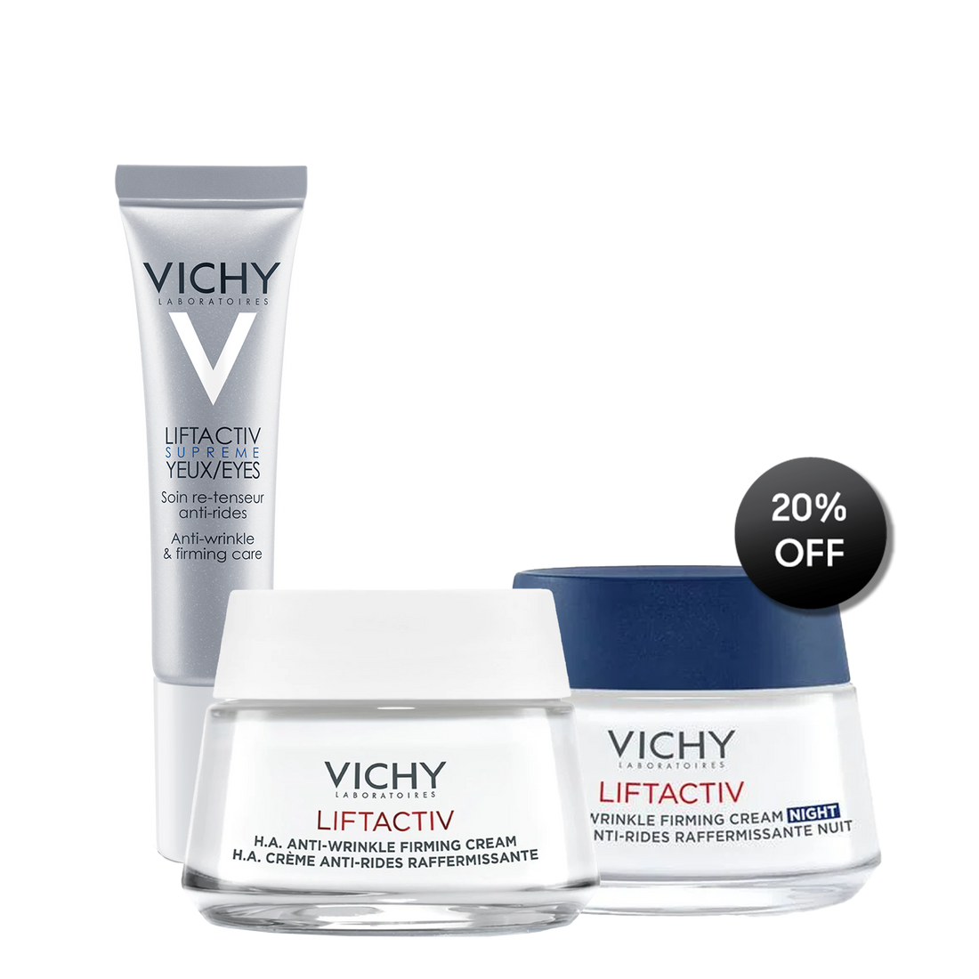 Vichy skincare products including a jar and a tube on a white background with a discount label.