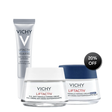 Vichy skincare products including a jar and a tube on a white background with a discount label.