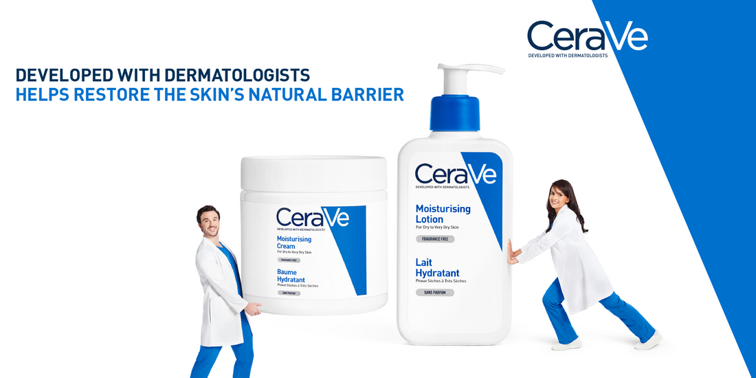 An image showcasing CeraVe moisturizing cream and lotion, with a male and female healthcare professional playfully posing beside the oversized product containers. The text reads, "Developed with Dermatologists - Helps Restore the Skin's Natural Barrier." CeraVe offers dermatologist-developed skincare products designed to hydrate and strengthen the skin barrier, suitable for dry to very dry skin. It is available at shop.prohealth.com.mt and from pharmacies across Malta & Gozo.