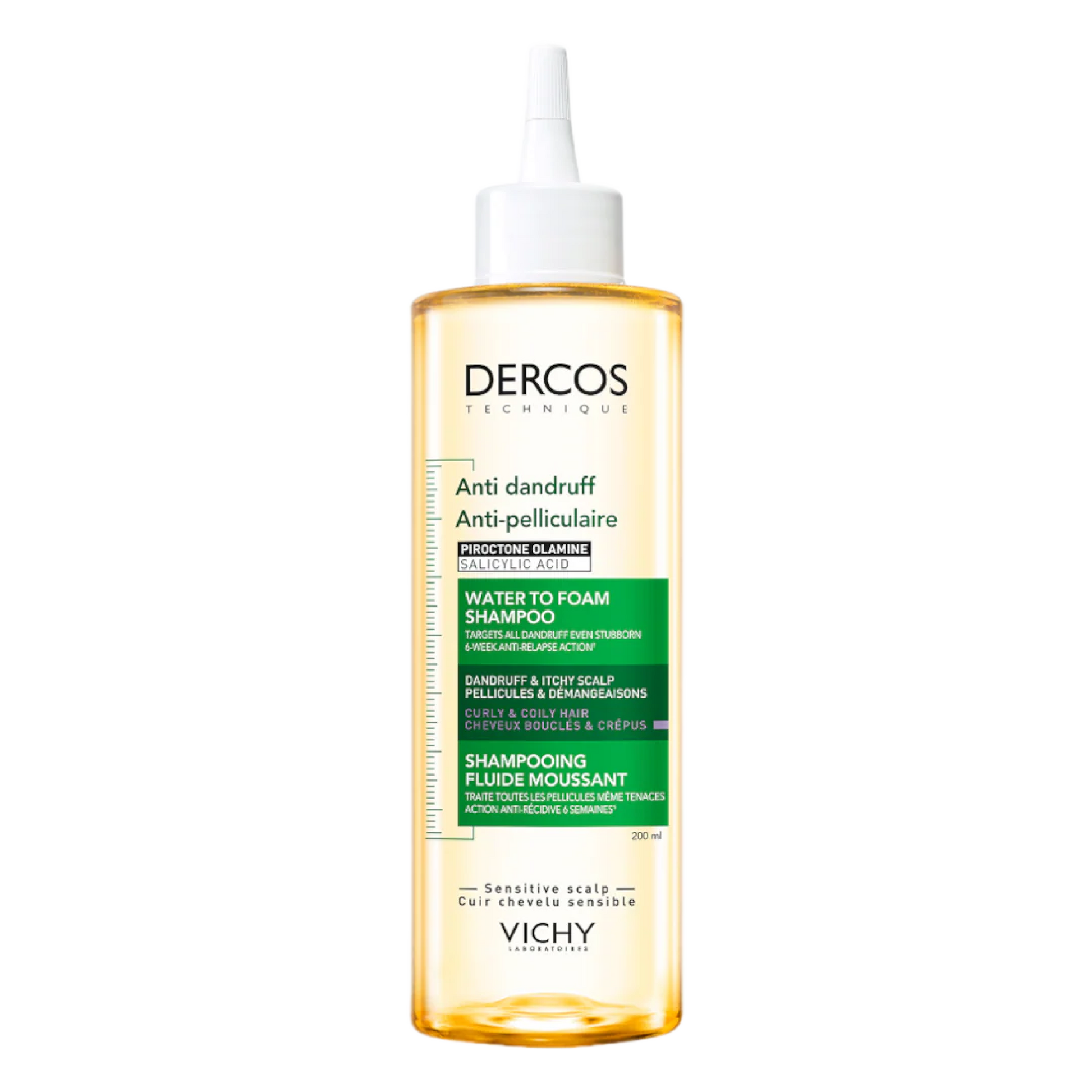 Vichy Dercos anti-dandruff shampoo bottle on a white background