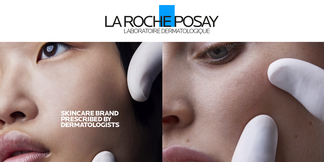 The image is an advertisement for La Roche-Posay, a dermatological skincare brand. It features close-up shots of two faces being gently examined by gloved hands, emphasizing skin texture and health. The tagline reads:

"SKINCARE BRAND PRESCRIBED BY DERMATOLOGISTS"

The La Roche-Posay logo is prominently displayed at the top with a signature blue square, highlighting its clinical and professional skincare identity.