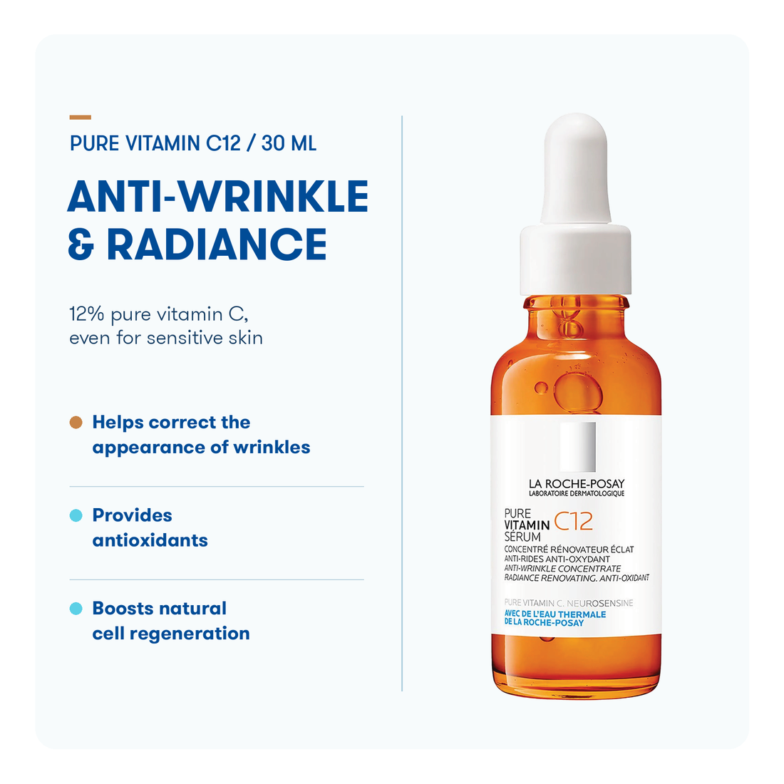 LA Roche Posay Pure Vitamin C12 Serum front pack shot on transparent background.