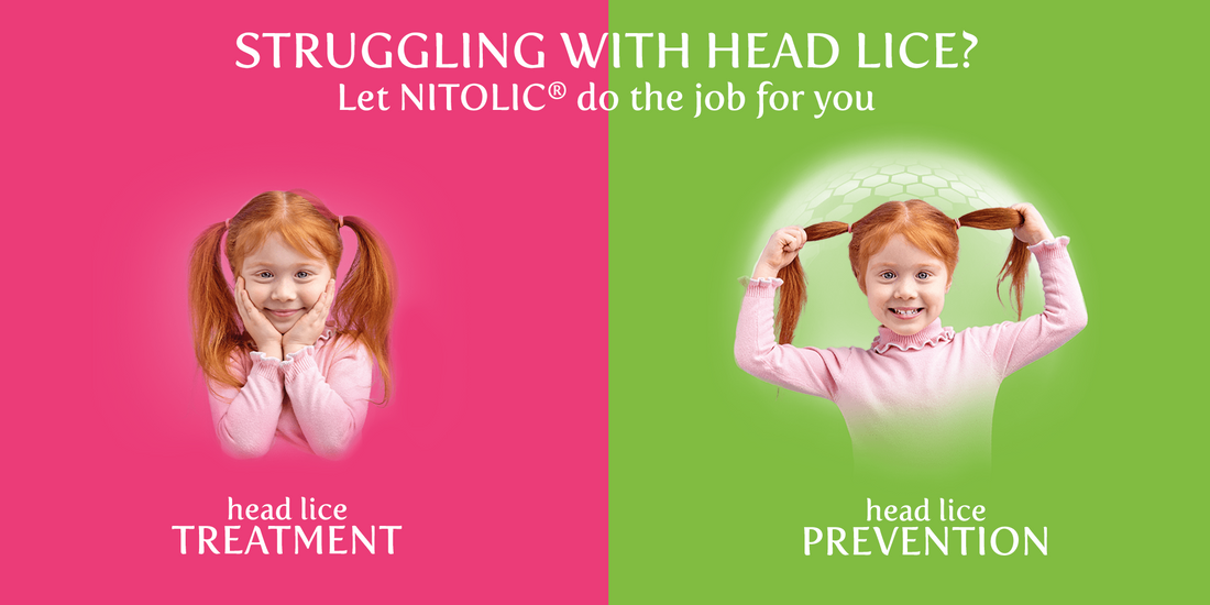 A split-screen advertisement for Nitolic head lice treatment and prevention. The left side has a pink background with a young red-haired girl in pigtails resting her face in her hands, labeled "head lice TREATMENT." The right side has a green background with the same girl smiling and pulling her pigtails, labeled "head lice PREVENTION." The headline reads, "STRUGGLING WITH HEAD LICE? Let NITOLIC® do the job for you." The ad visually contrasts treatment and prevention solutions for head lice.