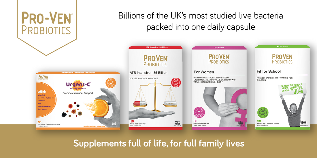Pro-Ven Probiotics range featuring supplements for immune support, women's health, antibiotic support, and children, with the tagline 'Supplements full of life, for full family lives.