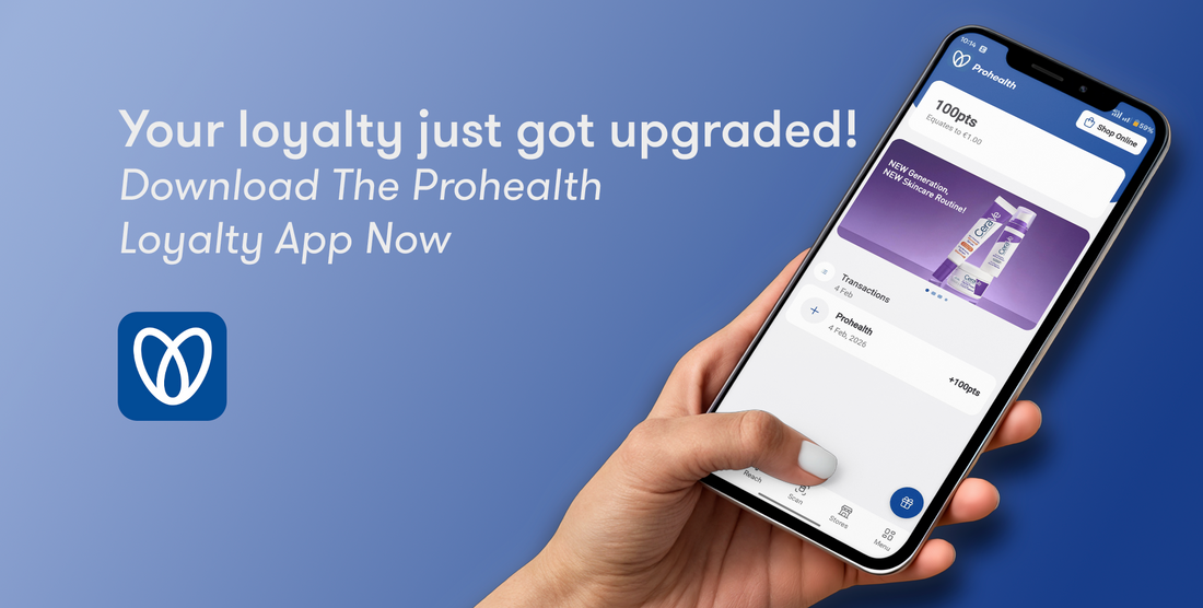 Hand holding a smartphone displaying the Prohealth app with promotional text and logo on a blue background.