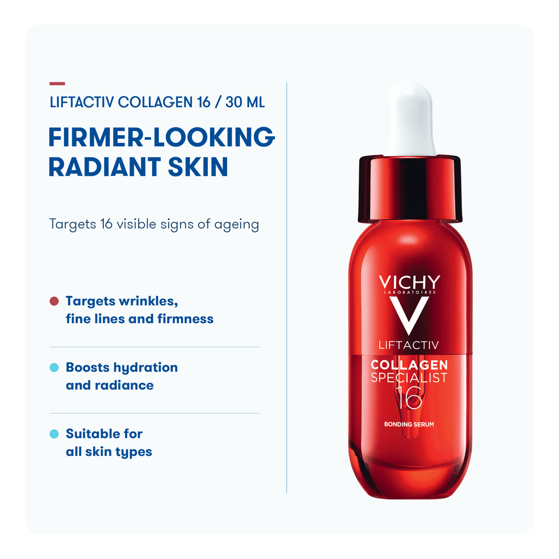 Vichy Collagen Specialist 16 Serum Front pack shot on transparent background. 
